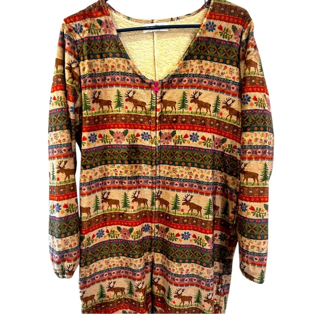 Natural Life PJ Onesie Zip Up Fleece Cozy Jumpsuit Moose Nature Outdoor Print XS - Picture 3 of 11